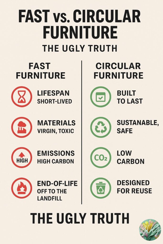 Short checklist showcasing how to tell the difference between fast furniture and circular furniture.
